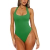 image:imageREORIA Womens Sexy Deep Scoop Neck Halter Bodysuit Double Lined Sleeveless Backless Top Vacation OutfitsGreen