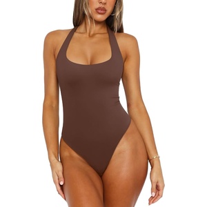 image:imageREORIA Womens Sexy Deep Scoop Neck Halter Bodysuit Double Lined Sleeveless Backless Top Vacation OutfitsCoffee