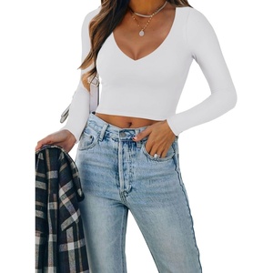 image:imageREORIA Womens Sexy Casual V Neck Long Sleeve Double Lined Fitted Going Out T Shirts Crop Tops TeesWhite