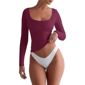 image:imageREORIA Womens Basic Square Neck Long Sleeve Shirts Double Lined Tops Tight Shirts Fall Outfits 2025Cordovan