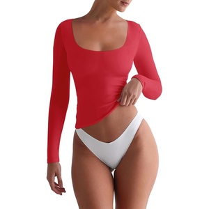 image:imageREORIA Womens Basic Square Neck Long Sleeve Shirts Double Lined Tops Tight Shirts Fall Outfits 2025Red