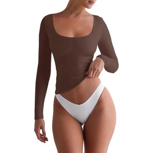image:imageREORIA Womens Basic Square Neck Long Sleeve Shirts Double Lined Tops Tight Shirts Fall Outfits 2025Shaved Chocolate