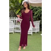 image:imageREORIA Fall Wedding Guest Midi Dresses for Women Cowl Neck Sheer Mesh Long Sleeve Ruched Bodycon Maxi DressCordovan