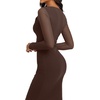 image:imageREORIA Fall Wedding Guest Midi Dresses for Women Cowl Neck Sheer Mesh Long Sleeve Ruched Bodycon Maxi DressShaved Chocolate