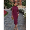 image:imageREORIA Mesh Sheer Long Sleeve Bodycon Midi Wedding Guest Dresses for Women  Mock Neck Dress Elegant Party Cocktail Dresses Formal Wedding Guest Outfits Fall Winter ClothesRuched DressWine Red