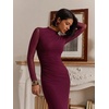 image:imageREORIA Mesh Sheer Long Sleeve Bodycon Midi Wedding Guest Dresses for Women  Mock Neck Dress Elegant Party Cocktail Dresses Formal Wedding Guest Outfits Fall Winter ClothesRuched DressWine Red