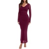 image:imageREORIA Fall Wedding Guest Midi Dresses for Women Cowl Neck Sheer Mesh Long Sleeve Ruched Bodycon Maxi DressCordovan