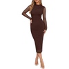 image:imageREORIA Mesh Sheer Long Sleeve Bodycon Midi Wedding Guest Dresses for Women  Mock Neck Dress Elegant Party Cocktail Dresses Formal Wedding Guest Outfits Fall Winter ClothesRuched DressChocolate