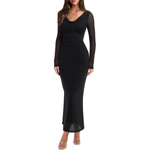 image:imageREORIA Fall Wedding Guest Midi Dresses for Women Cowl Neck Sheer Mesh Long Sleeve Ruched Bodycon Maxi DressBlack Onyx