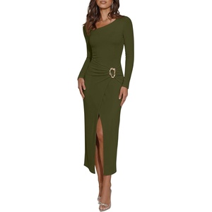 image:imageREORIA Wedding Guest Dresses for Women Long Sleeve Ruched Wrap Midi Dress  Asymmetrical Square NeckCocktailFormalBodyconElegantPartyClub Nightout2026 Fall WinterTrendy ClothesArmy Green