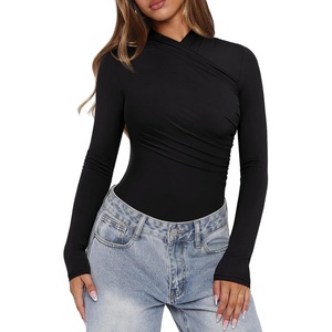 image:imageREORIA Womens Mock Neck Double Lined Trendy Ruched Bodysuit Sexy Wrap Tops for Fall Outfits 2026Black Onyx