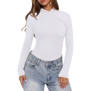 image:imageREORIA Womens Mock Neck Double Lined Trendy Ruched Bodysuit Sexy Wrap Tops for Fall Outfits 2026Brilliant White