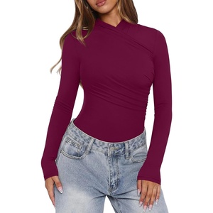 image:imageREORIA Womens Mock Neck Double Lined Trendy Ruched Bodysuit Sexy Wrap Tops for Fall Outfits 2026Cordovan