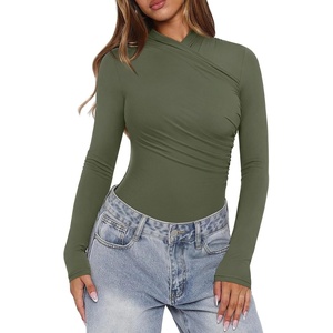 image:imageREORIA Womens Mock Neck Double Lined Trendy Ruched Bodysuit Sexy Wrap Tops for Fall Outfits 2026Four Leaf Clover
