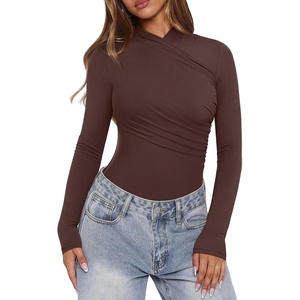 image:imageREORIA Womens Mock Neck Double Lined Trendy Ruched Bodysuit Sexy Wrap Tops for Fall Outfits 2026Shaved Chocolate
