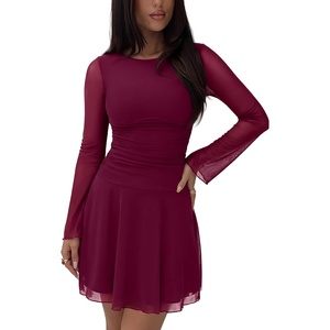 image:imageREORIA Womens Y2K Boat Neck Sheer Mesh Ruched Long Sleeve Mini Dresses  Sheer mesh ruched drop waist trendy Y2K casual ideal for party going out concert vacation date night wedding guestCordovan