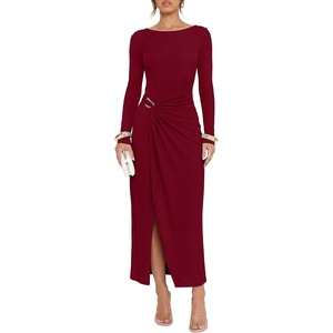 image:imageREORIA Womens Long Sleeve Boat Neck Wedding Guest Midi Dresses Fall  Bodycon Long DressRuchedChic Gold BuckleSlim FittedFormalCasualTrendyElegantCocktail PartyGoing Out2026 Fall WinterRed