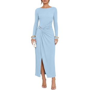 image:imageREORIA Womens Long Sleeve Boat Neck Wedding Guest Midi Dresses Fall  Bodycon Long DressRuchedChic Gold BuckleSlim FittedFormalCasualTrendyElegantCocktail PartyGoing Out2026 Fall WinterHazy Blue