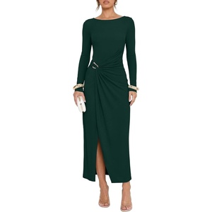 image:imageREORIA Womens Long Sleeve Boat Neck Wedding Guest Midi Dresses Fall  Bodycon Long DressRuchedChic Gold BuckleSlim FittedFormalCasualTrendyElegantCocktail PartyGoing Out2026 Fall WinterDark Green