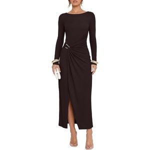 image:imageREORIA Womens Long Sleeve Boat Neck Wedding Guest Midi Dresses Fall  Bodycon Long DressRuchedChic Gold BuckleSlim FittedFormalCasualTrendyElegantCocktail PartyGoing Out2026 Fall WinterBrown