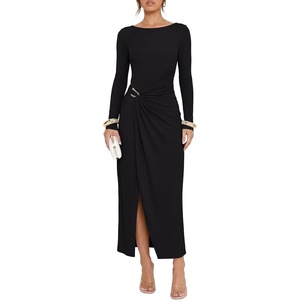 image:imageREORIA Womens Long Sleeve Boat Neck Wedding Guest Midi Dresses Fall  Bodycon Long DressRuchedChic Gold BuckleSlim FittedFormalCasualTrendyElegantCocktail PartyGoing Out2026 Fall WinterBlack
