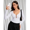 image:imageREORIA Womens Sexy Deep V Neck Long Sleeve Bodysuit Metal Ring Cutout Tops  ORing cutout double lined outfit Y2K sexy trendy OOTD ideal for going out club concert vacation date night fallBrilliant White