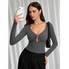 image:imageREORIA Womens Sexy Deep V Neck Long Sleeve Bodysuit Metal Ring Cutout Tops  ORing cutout double lined outfit Y2K sexy trendy OOTD ideal for going out club concert vacation date night fallThyme