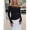 image:imageREORIA Off the Shoulder Tops for Women 2026 Fall Long Sleeve Lace Going Out Slim Fit Top ClothesBlack