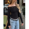 image:imageREORIA Off the Shoulder Tops for Women 2026 Fall Long Sleeve Lace Going Out Slim Fit Top ClothesBlack