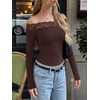 image:imageREORIA Off the Shoulder Tops for Women 2026 Fall Long Sleeve Lace Going Out Slim Fit Top ClothesCoffee