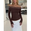 image:imageREORIA Off the Shoulder Tops for Women 2026 Fall Long Sleeve Lace Going Out Slim Fit Top ClothesCoffee