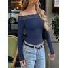 image:imageREORIA Off the Shoulder Tops for Women 2026 Fall Long Sleeve Lace Going Out Slim Fit Top ClothesDark Blue