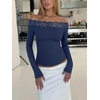 image:imageREORIA Off the Shoulder Tops for Women 2026 Fall Long Sleeve Lace Going Out Slim Fit Top ClothesDark Blue