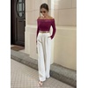 image:imageREORIA Off the Shoulder Tops for Women 2026 Fall Long Sleeve Lace Going Out Slim Fit Top ClothesWine Red