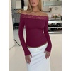 image:imageREORIA Off the Shoulder Tops for Women 2026 Fall Long Sleeve Lace Going Out Slim Fit Top ClothesWine Red