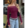 image:imageREORIA Off the Shoulder Tops for Women 2026 Fall Long Sleeve Lace Going Out Slim Fit Top ClothesWine Red