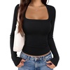 image:imageREORIA Women Built in Bra Long Sleeve Square Neck Top Shirt 2026 Fall Slim Fit Basic Trendy ClothesBlack