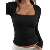 image:imageREORIA Women Built in Bra Long Sleeve Square Neck Top Shirt 2026 Fall Slim Fit Basic Trendy ClothesBlack