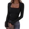 image:imageREORIA Women Built in Bra Long Sleeve Square Neck Top Shirt 2026 Fall Slim Fit Basic Trendy ClothesBlack