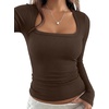 image:imageREORIA Women Built in Bra Long Sleeve Square Neck Top Shirt 2026 Fall Slim Fit Basic Trendy ClothesCoffee