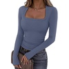 image:imageREORIA Women Built in Bra Long Sleeve Square Neck Top Shirt 2026 Fall Slim Fit Basic Trendy ClothesGrey Blue