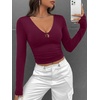 image:imageREORIA Women Deep V Cutout Long Sleeve Double Lined Slim Going Out Crop TopCordovan Red