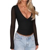 image:imageREORIA Women Long Sleeve Sexy Sheer Mesh V Neck Going Out Top Shirts with Built in Bra 2026 Fall ClothesBlack