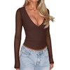 image:imageREORIA Women Long Sleeve Sexy Sheer Mesh V Neck Going Out Top Shirts with Built in Bra 2026 Fall ClothesCoffee