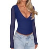 image:imageREORIA Women Long Sleeve Sexy Sheer Mesh V Neck Going Out Top Shirts with Built in Bra 2026 Fall ClothesDeep Blue