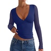 image:imageREORIA Women Long Sleeve Sexy Sheer Mesh V Neck Going Out Top Shirts with Built in Bra 2026 Fall ClothesDeep Blue