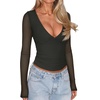 image:imageREORIA Women Long Sleeve Sexy Sheer Mesh V Neck Going Out Top Shirts with Built in Bra 2026 Fall ClothesDeep Green