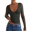 image:imageREORIA Women Long Sleeve Sexy Sheer Mesh V Neck Going Out Top Shirts with Built in Bra 2026 Fall ClothesDeep Green