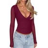 image:imageREORIA Women Long Sleeve Sexy Sheer Mesh V Neck Going Out Top Shirts with Built in Bra 2026 Fall ClothesWine Red