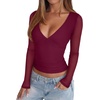 image:imageREORIA Women Long Sleeve Sexy Sheer Mesh V Neck Going Out Top Shirts with Built in Bra 2026 Fall ClothesWine Red